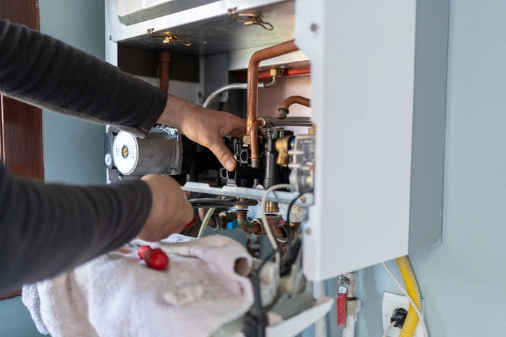 Heating Repair In Andersonville, TN 1 A man repairs a gas boiler in a room, focused on the task at hand.