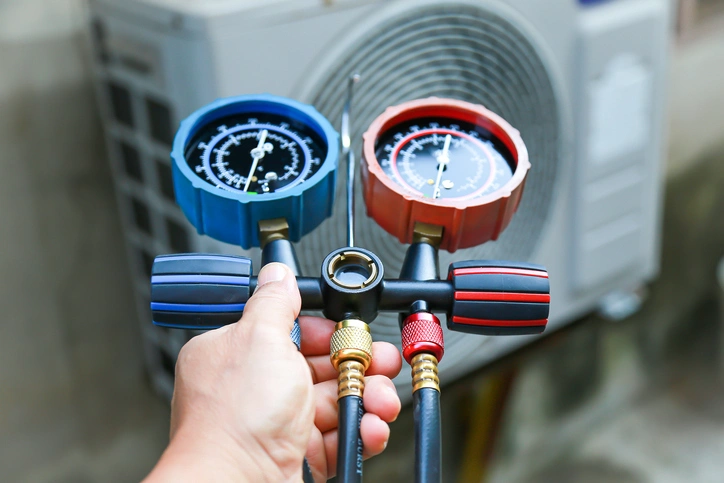AC Tune-Up In Andersonville, TN 1 A person holds two gauges in front of an air conditioner, checking its performance and pressure levels.