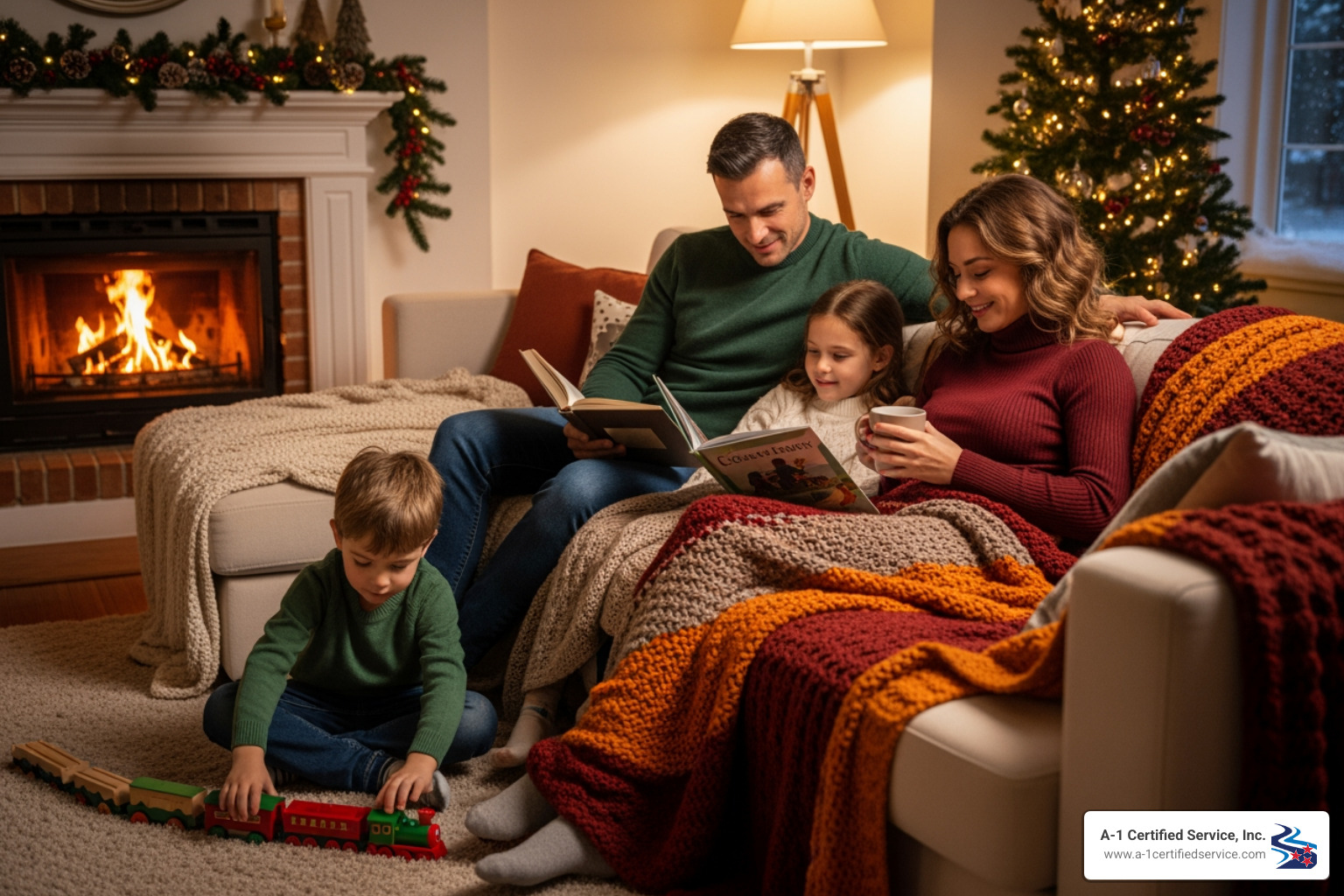 HVAC Blog 5 Family enjoying cozy indoor time by the fireplace, reading books and playing with a toy train, surrounded by festive decorations, emphasizing home comfort and warmth.