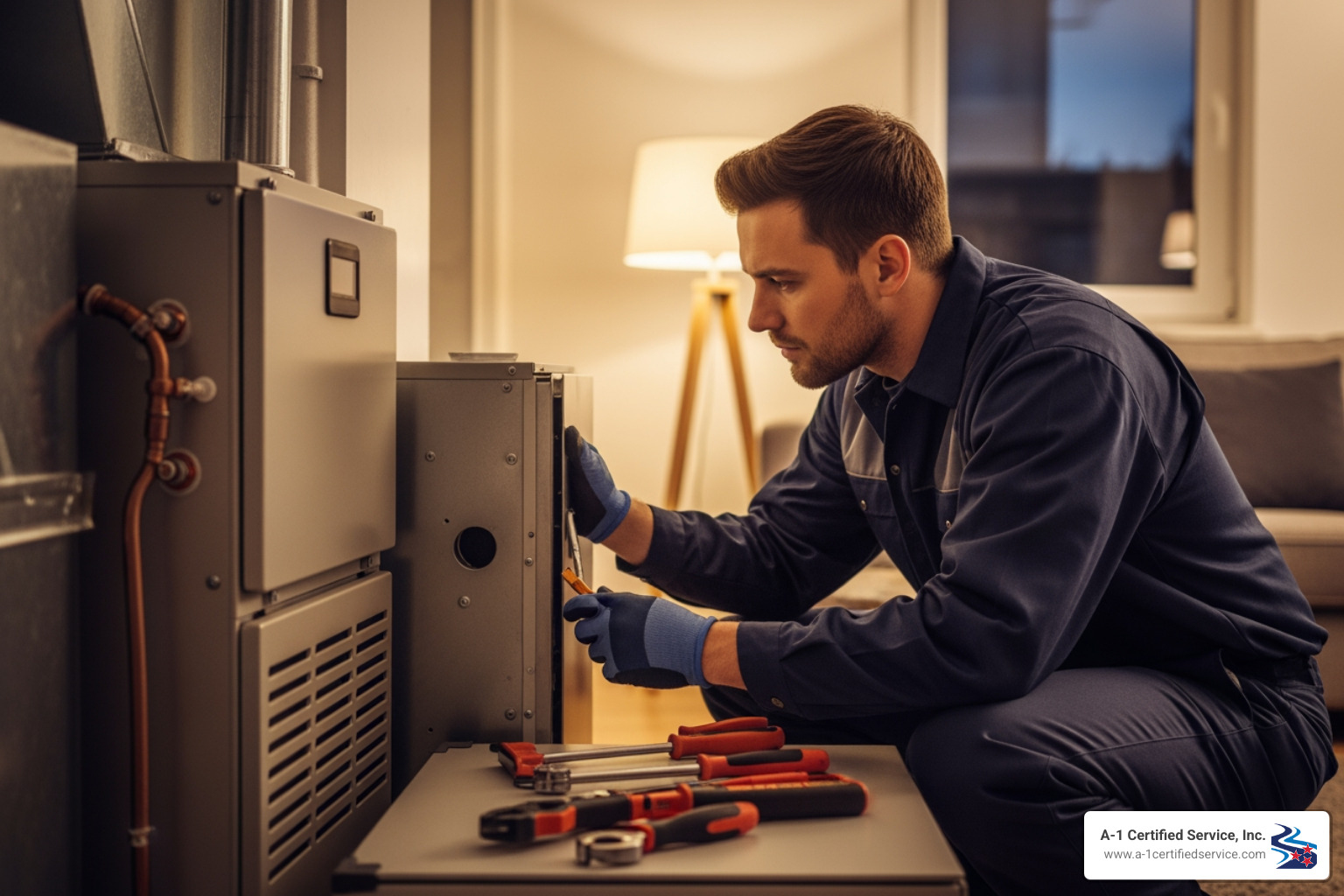 HVAC Blog 7 Technician performing emergency heating repair on a furnace with tools nearby, emphasizing HVAC service expertise by A-1 Certified Service in Knoxville, TN.