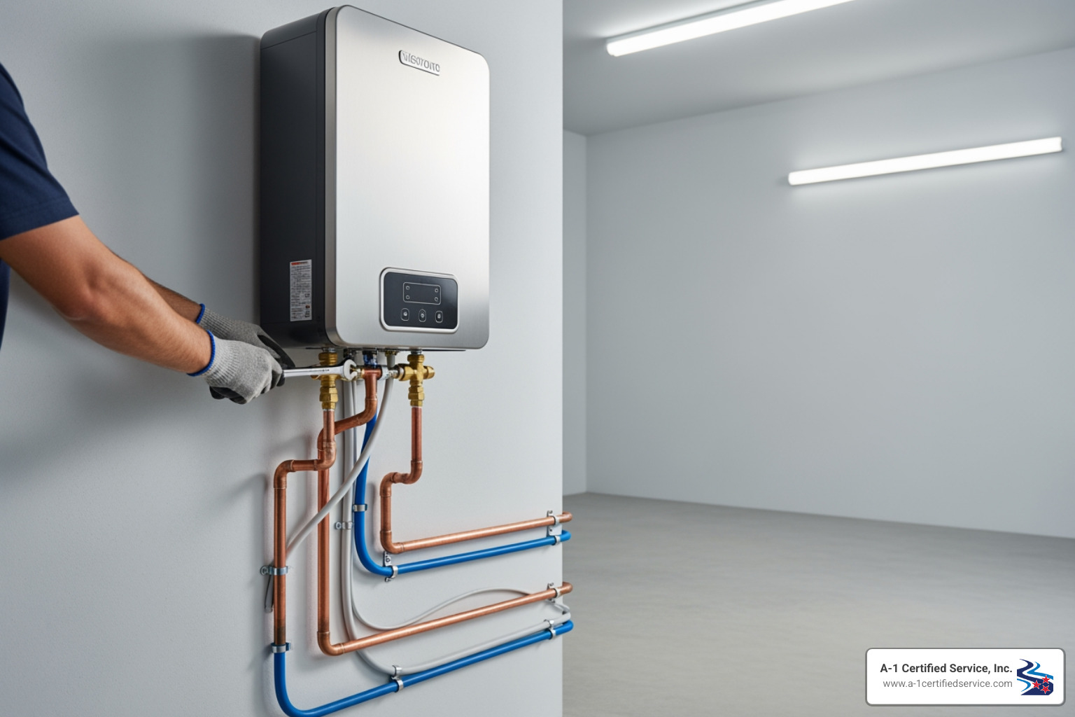 HVAC Blog 6 Technician installing a modern tankless water heater with copper and blue piping, showcasing A-1 Certified Service's HVAC expertise.