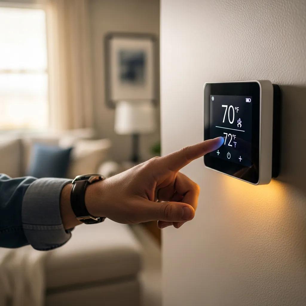 Emergency Heating Tips for When You Lose Heat 2 Person adjusting a smart thermostat display from 70°F to 72°F in a cozy living room setting, emphasizing home heating management.