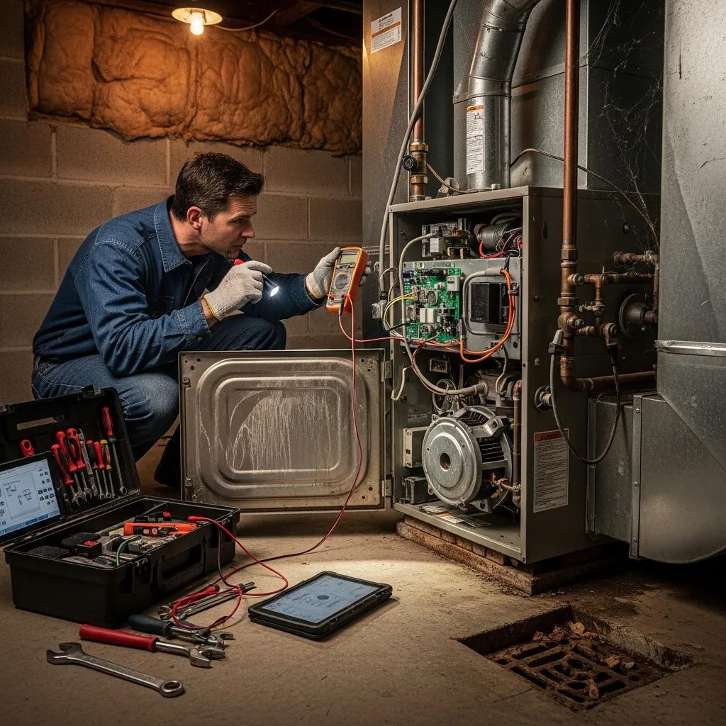 Emergency Heating Tips for When You Lose Heat 3 Technician inspecting a residential furnace with a multimeter, troubleshooting heating issues, surrounded by tools and equipment in a basement setting.